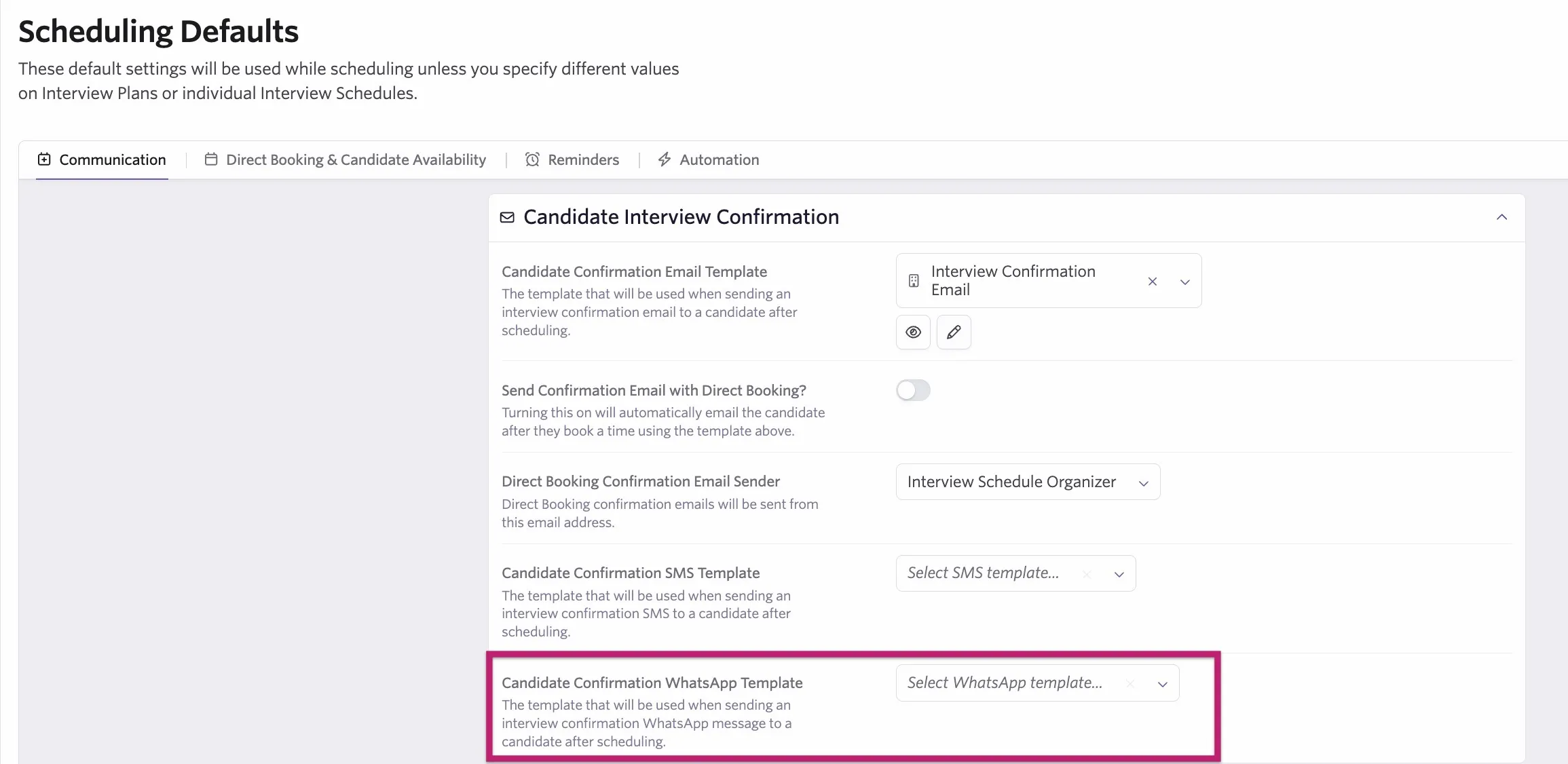 The screenshot shows the Candidate Confirmation WhatsApp Template dropdown.