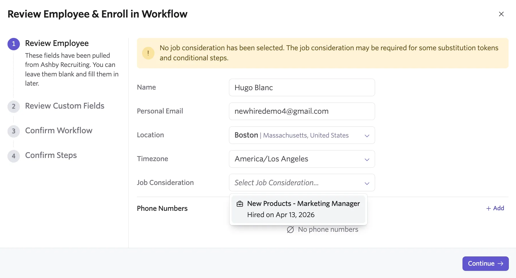 Screenshot of the supplementary Workflow Enrollment wizard on the employee information review step
