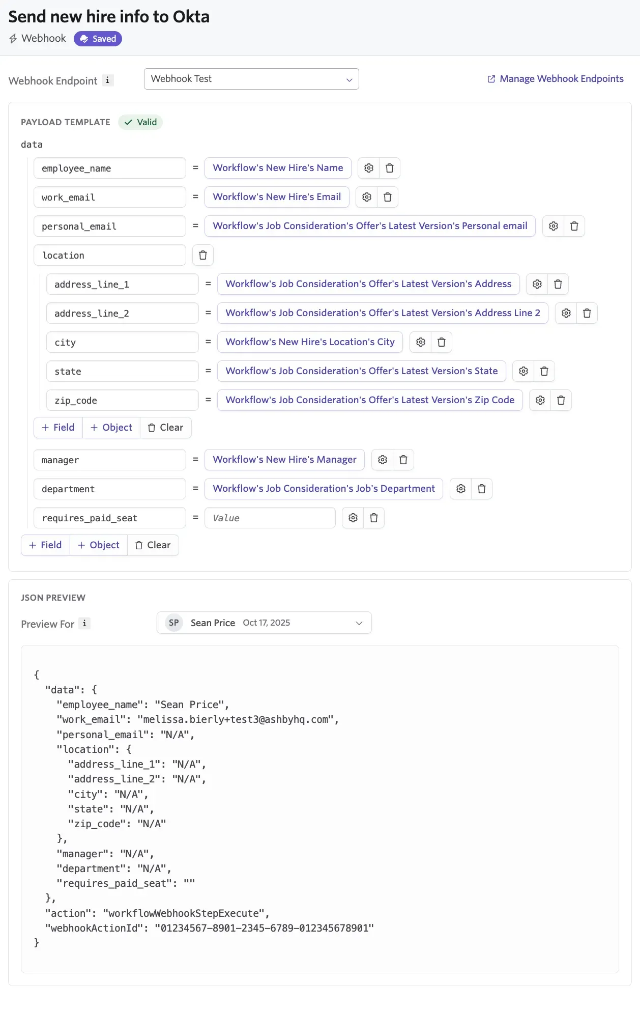 A screenshot of the payload builder and a JSON preview.