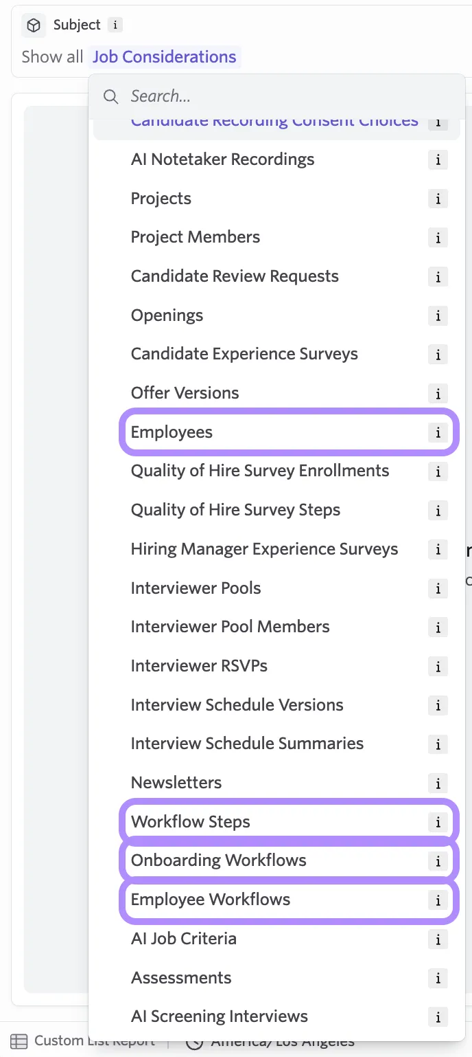 Report builder subject picker listing Onboarding Workflows, Employee Workflows, Workflow Steps, and Employees.
