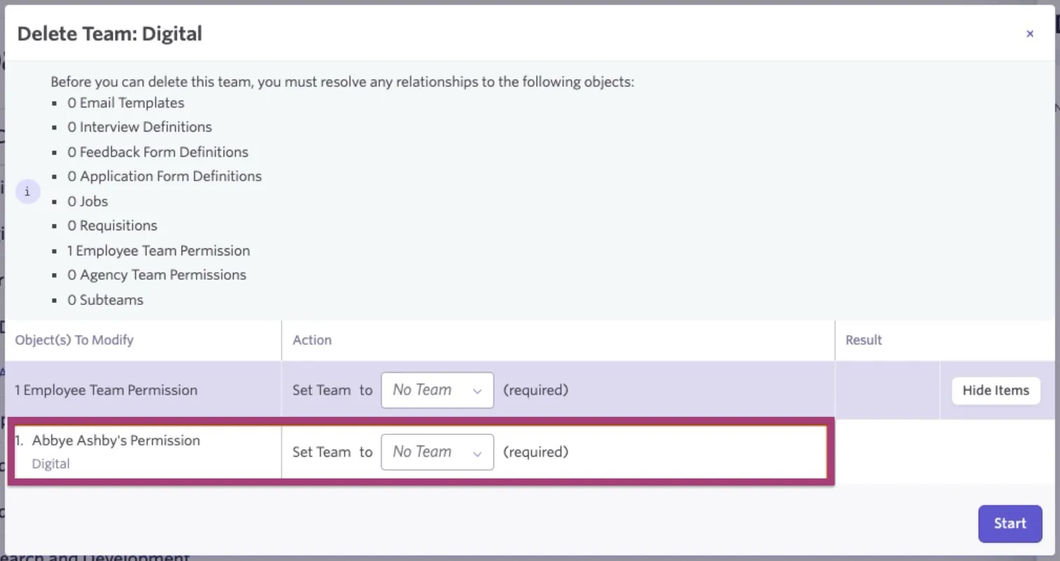 Modifying permissions when deleting a team.