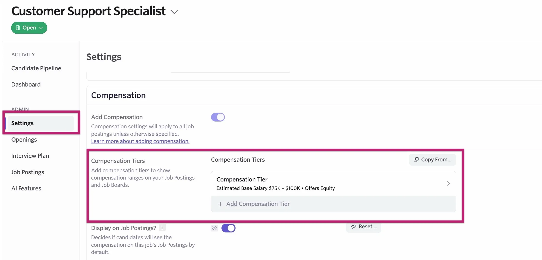 The compensation tiers listed in the Settings section of a job. The compensation tiers listed in the Settings section of a job.