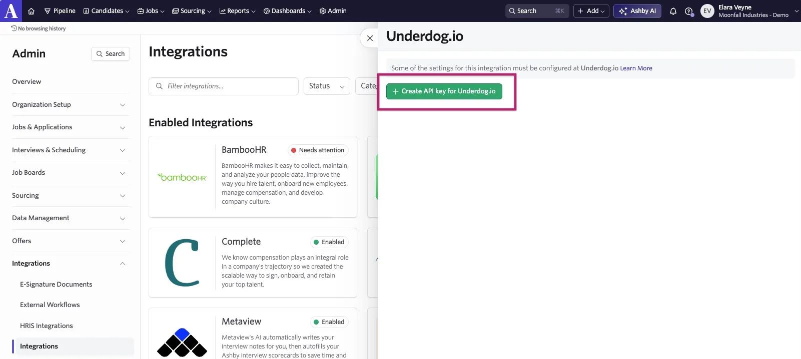 Ashby Admin Integrations page with the Underdog.io integration open and the “Create API key for Underdog.io” button highlighted.
