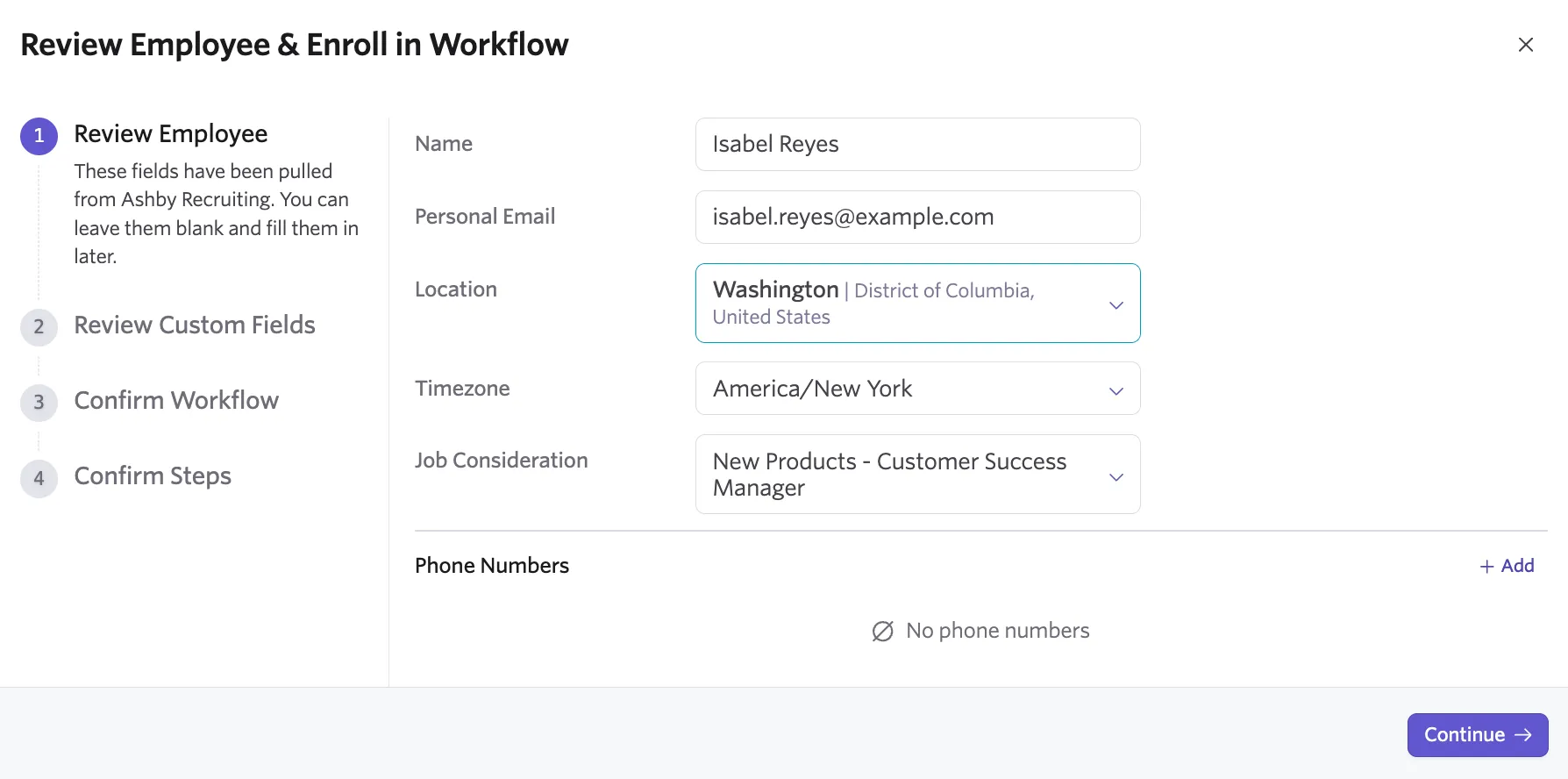 Screenshot of the Workflow Enrollment wizard on the employee information review step