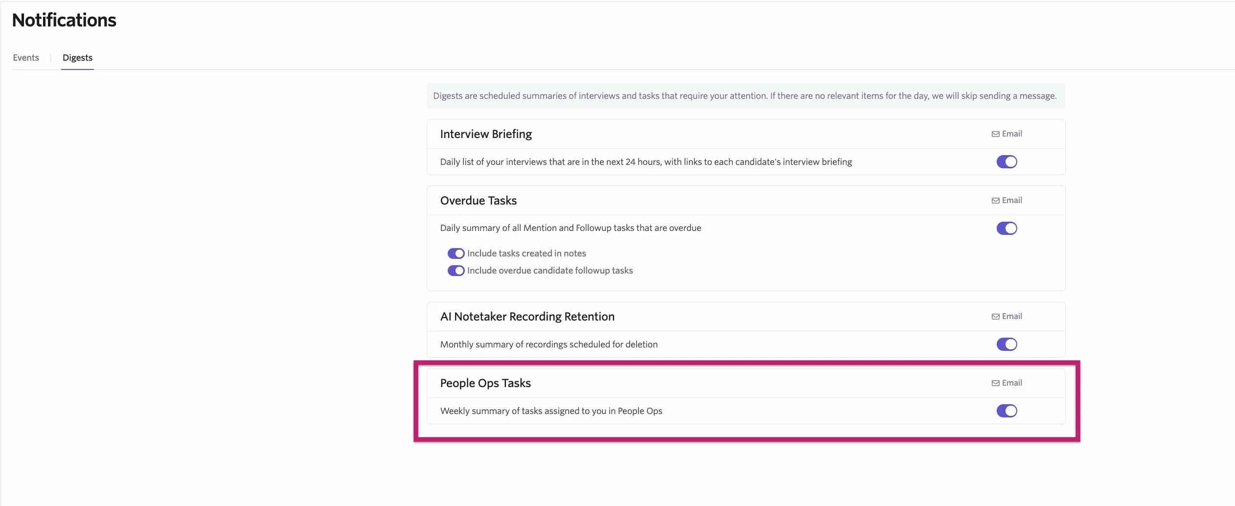 The screenshot shows the Digest tab of Notification Settings with the People Ops Tasks section highlighted. The screenshot shows the Digest tab of Notification Settings with the People Ops Tasks section highlighted.