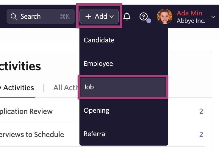 Creating a job via the 'Add' button on the navigation bar.