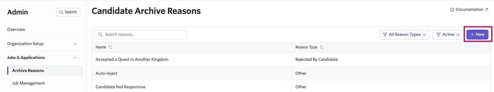 Ashby Admin Candidate Archive Reasons page showing a list of archive reasons, with the + New button highlighted in the upper-right corner. Ashby Admin Candidate Archive Reasons page showing a list of archive reasons, with the + New button highlighted in the upper-right corner.