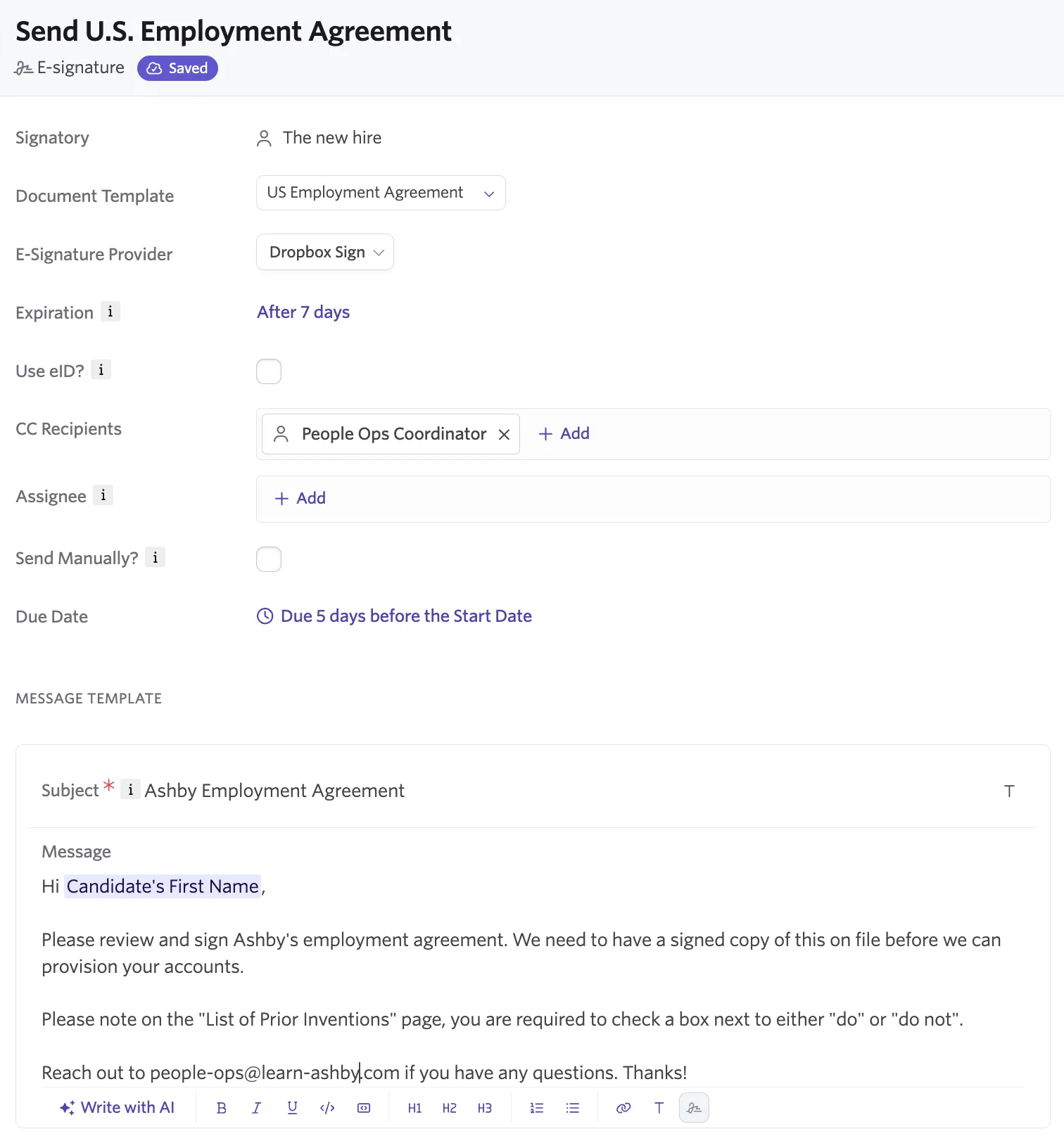 Screenshot of the E-Signature step configuration panel, showing the signatory, document template, provider, expiration, recipients, assignees, the due date, the option to send manually and the message template. Screenshot of the E-Signature step configuration panel, showing the signatory, document template, provider, expiration, recipients, assignees, the due date, the option to send manually and the message template.