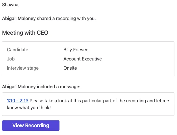 Screenshot of the email notification you receive when someone shares a recording with you.