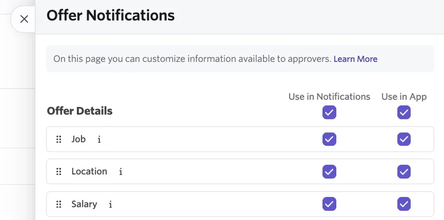 Screenshot of the notification configuration popover showing field checkboxes for offer, job, and opening approval notifications.