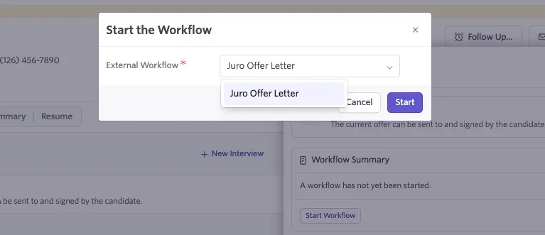 Start the Workflow dialog with “Juro Offer Letter” selected as the external workflow and a “Start” button to begin the workflow.