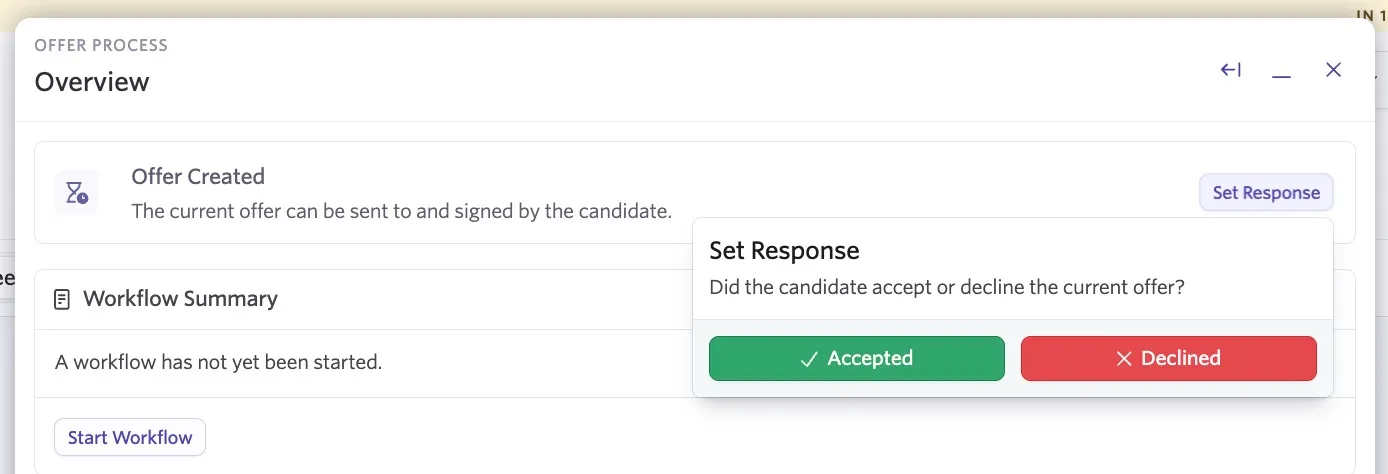 The Set Response menu with the Accepted and Declined buttons.