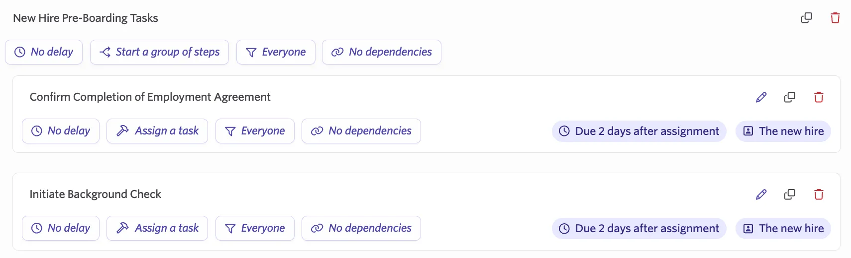 The screenshot shows a configured group with the steps that should become available all at once.