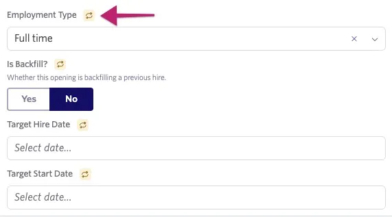 Screenshot of an opening showing the yellow reapproval icon next to a field that requires reapproval. Screenshot of an opening showing the yellow reapproval icon next to a field that requires reapproval.