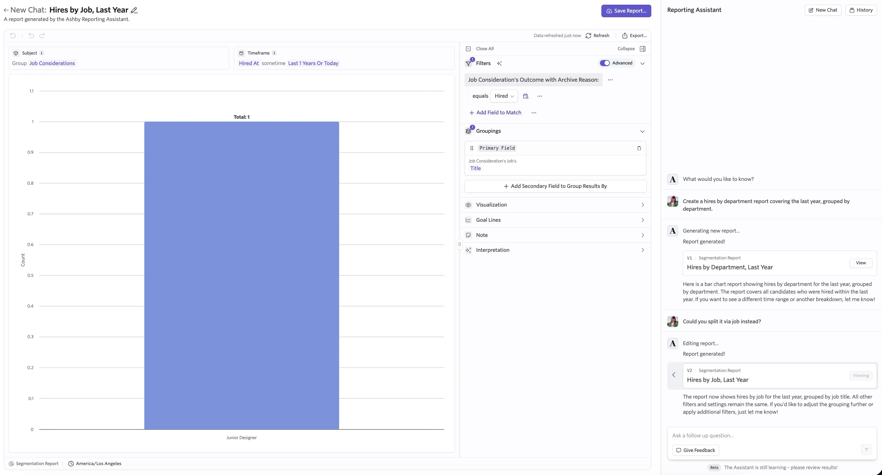 Screenshot of a report generated by the AI Reporting Assistant with options to adjust, save, or return to the chat