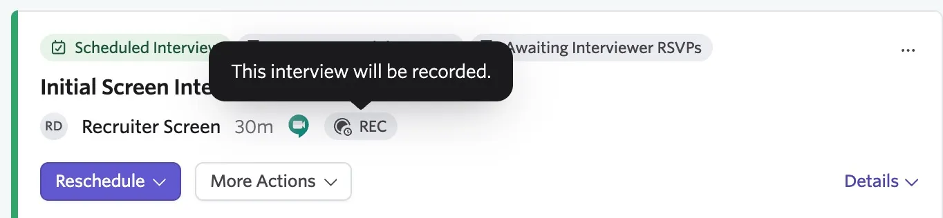 Screenshot of a candidate profile activity feed highlighting the REC icon on a scheduled interview.