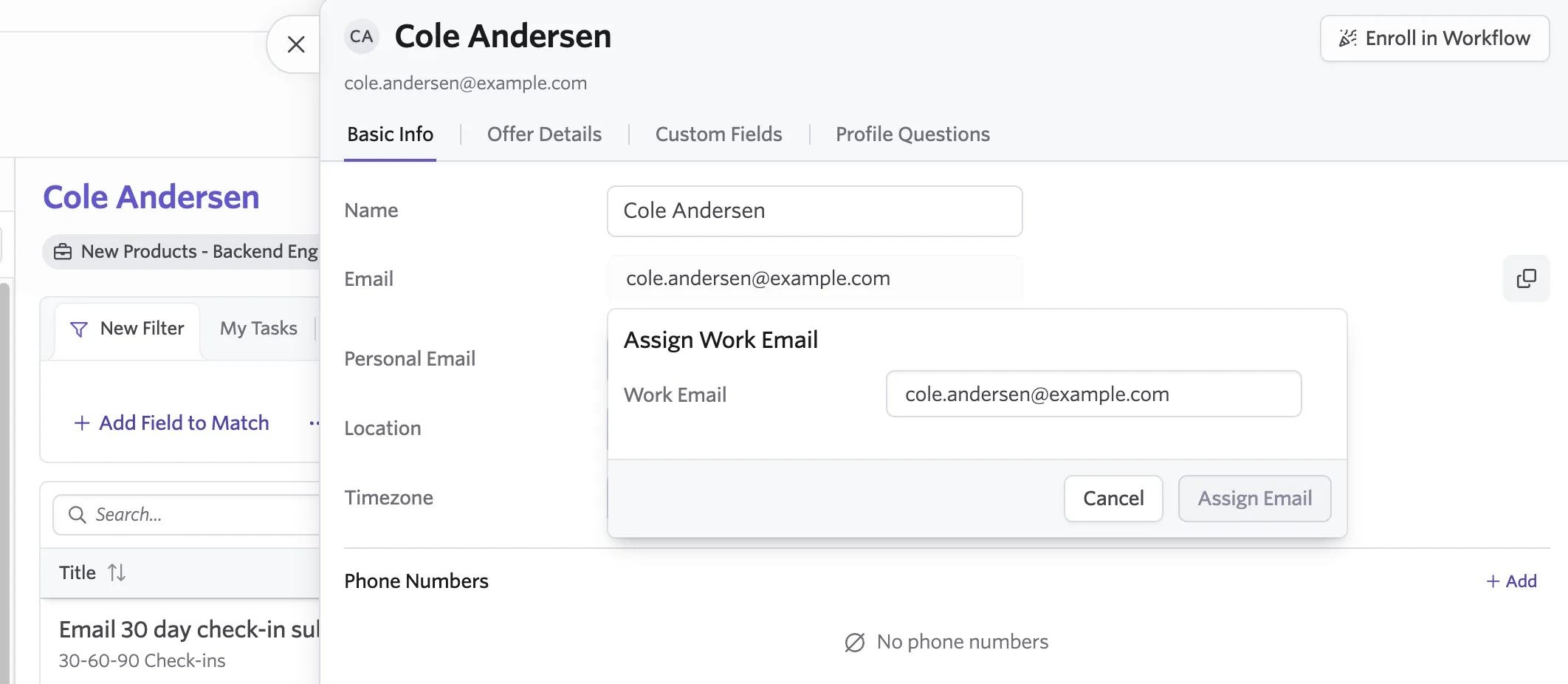 The screenshot shows the work email being assigned via the employee's profile.