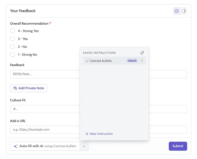 Ashby interview feedback form with the AI Auto-fill saved instructions menu open, showing “Concise bullets” selected as the default instruction.