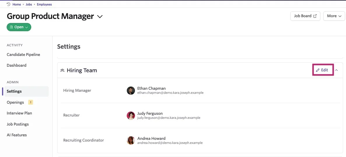 Shows the settings tab of the job and points out the Edit button in the Hiring Team section.
