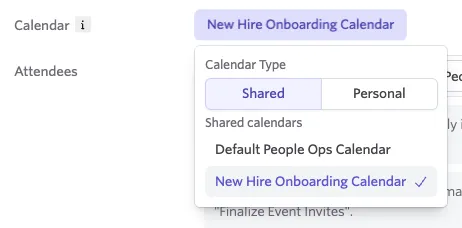 The screenshot shows a shared calendar being selected for the event.
