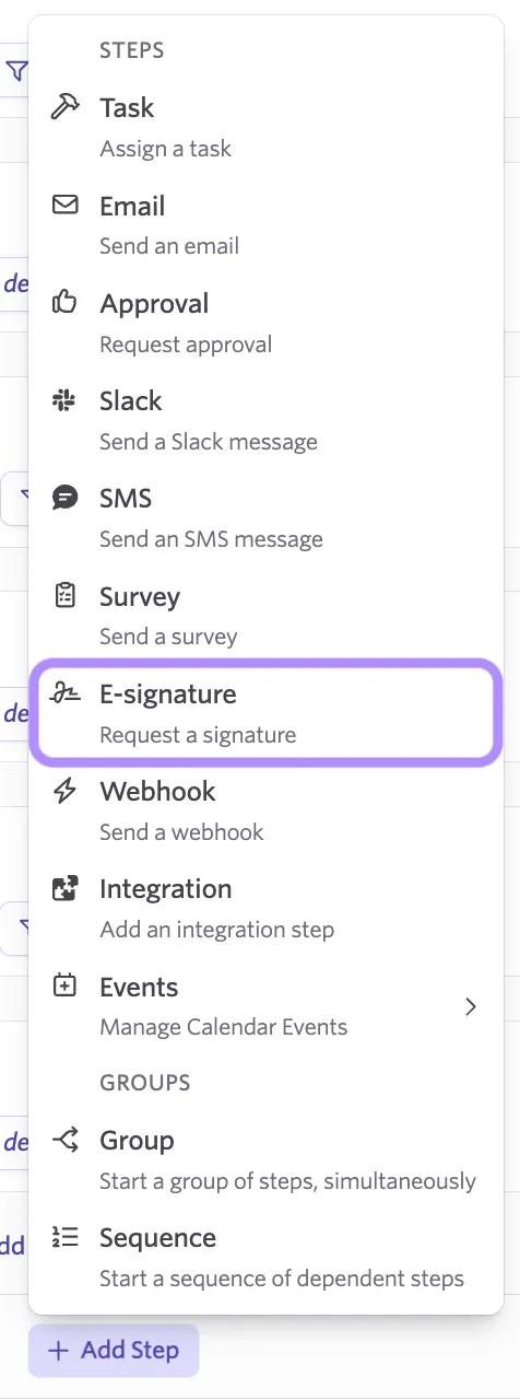 A screenshot showing the workflows being added with the E-Signature step highlighted. A screenshot showing the workflows being added with the E-Signature step highlighted.