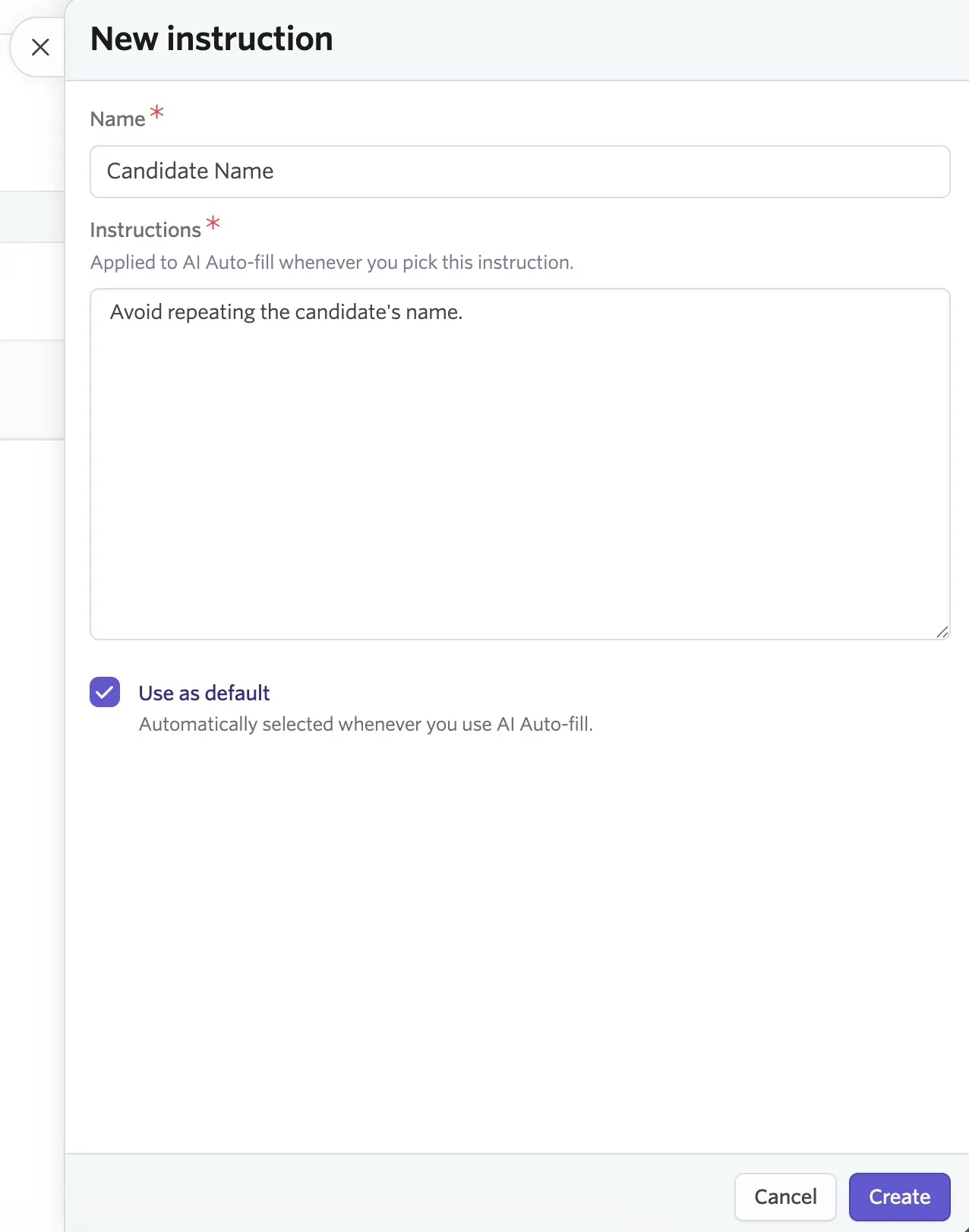 The wizard to create a new instruction via the Personal Settings section of Ashby.