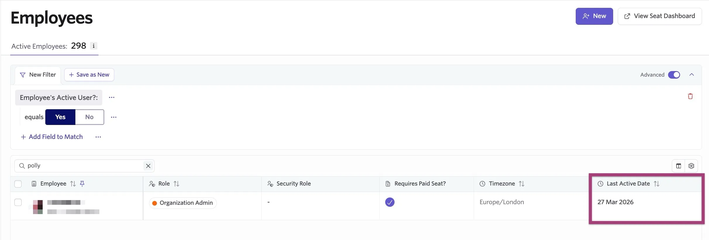 The Last Active Date column on the Employees page.