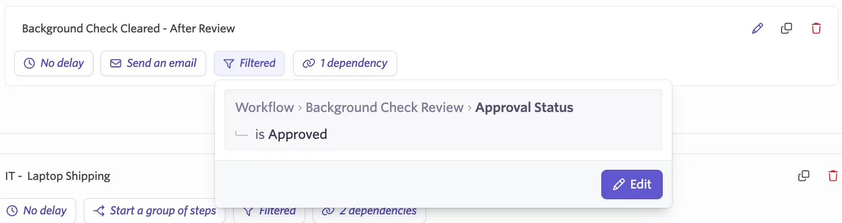 Screenshot of the approval outcome condition builder