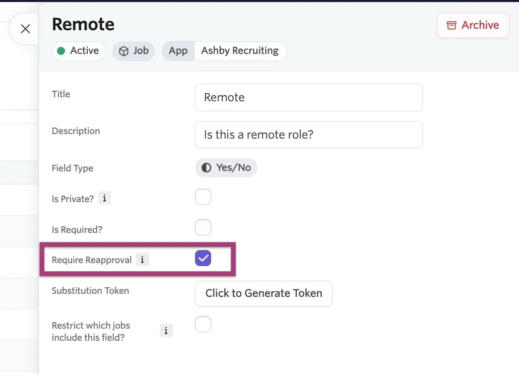 A custom field with the Require Reapproval checkbox highlighted. A custom field with the Require Reapproval checkbox highlighted.