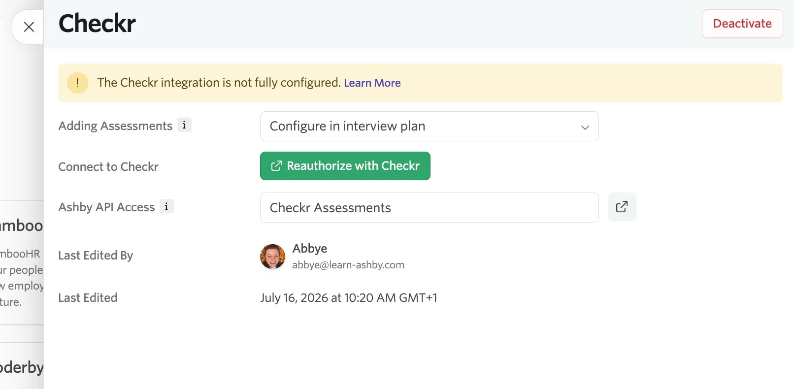 Checkr integration settings once your Checkr account is connected.