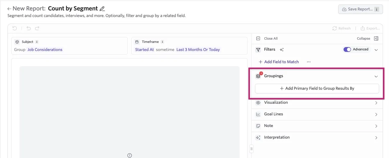 Ashby Count by Segment report with Advanced filtering enabled and the Groupings section highlighted, showing the option to add a primary field to group results by.