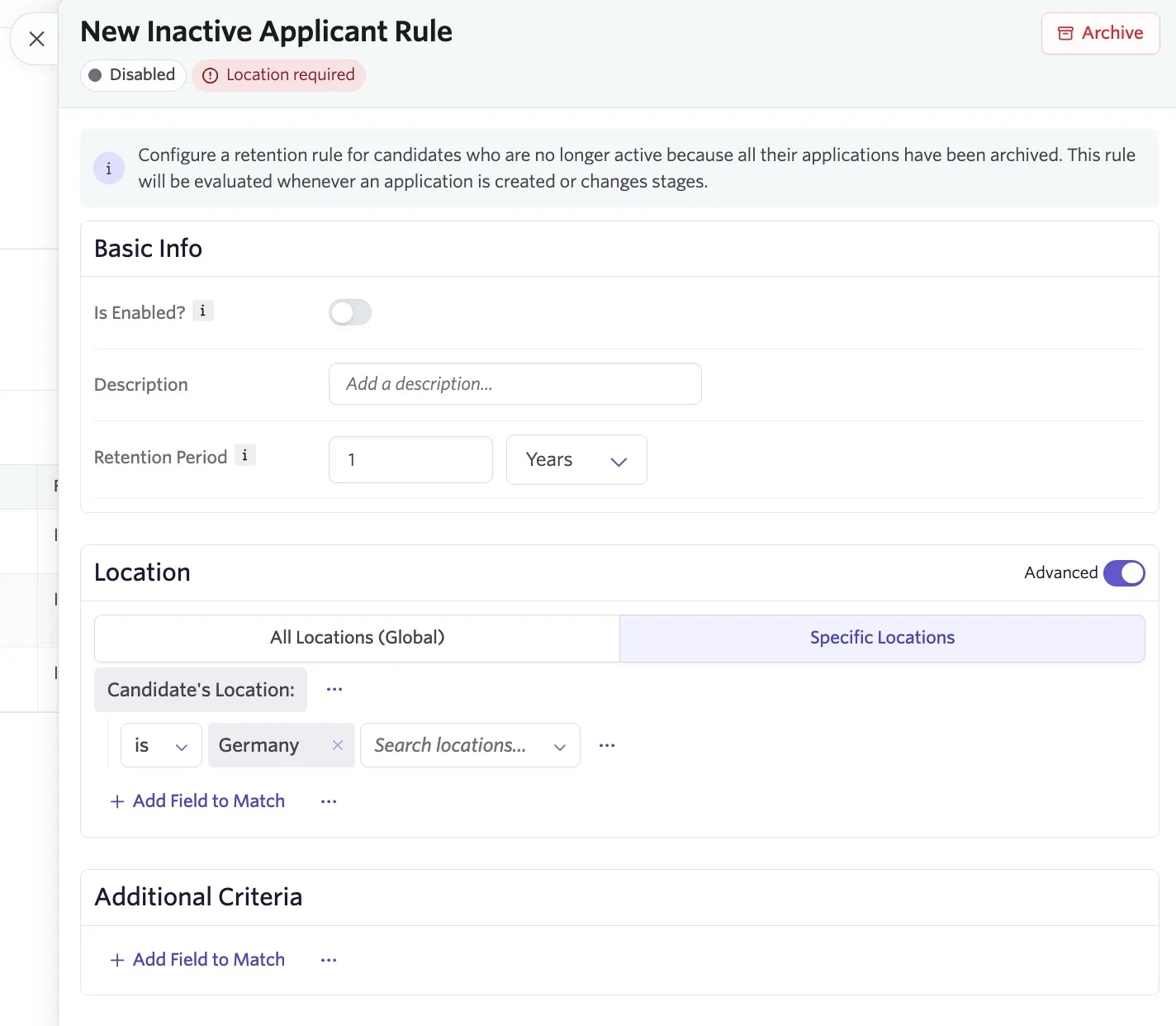 Illustrative example of an inactive applicant rule configured based on candidate location. Illustrative example of an inactive applicant rule configured based on candidate location.