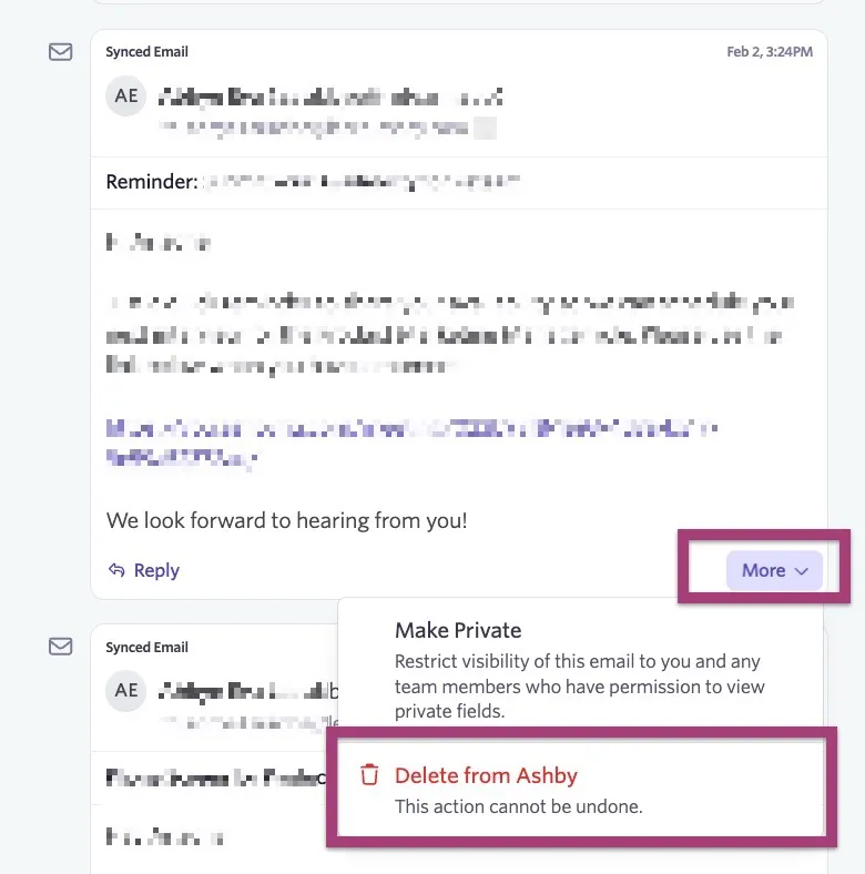 The option to delete a synced email in Ashby
