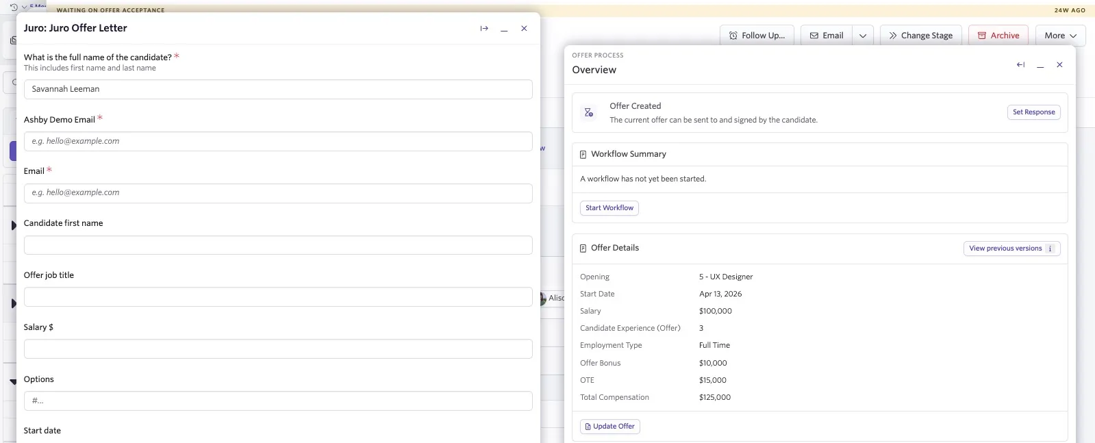 Juro Offer Letter workflow form open alongside the Ashby Offer Process, showing candidate and offer fields to complete before starting the workflow.