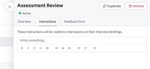 The screenshot shows an interview open on the Instructions tab. The screenshot shows an interview open on the Instructions tab.