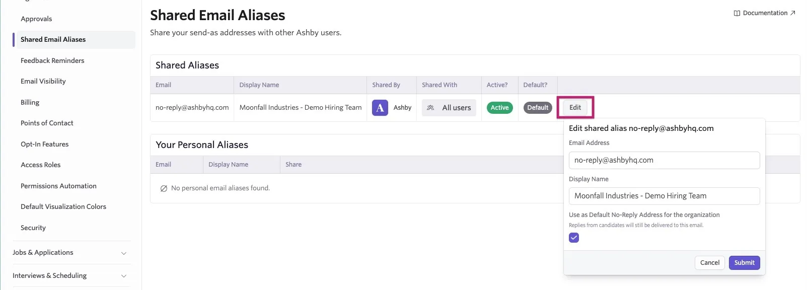 Shared Email Aliases settings page with the Edit shared alias dialog open, showing the email address, display name, and the option to use the alias as the organization’s default no-reply address. Shared Email Aliases settings page with the Edit shared alias dialog open, showing the email address, display name, and the option to use the alias as the organization’s default no-reply address.