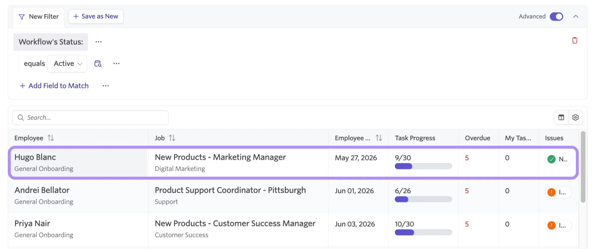 Screenshot of the In Progress view showing a list of employees in onboarding workflows with their task progress