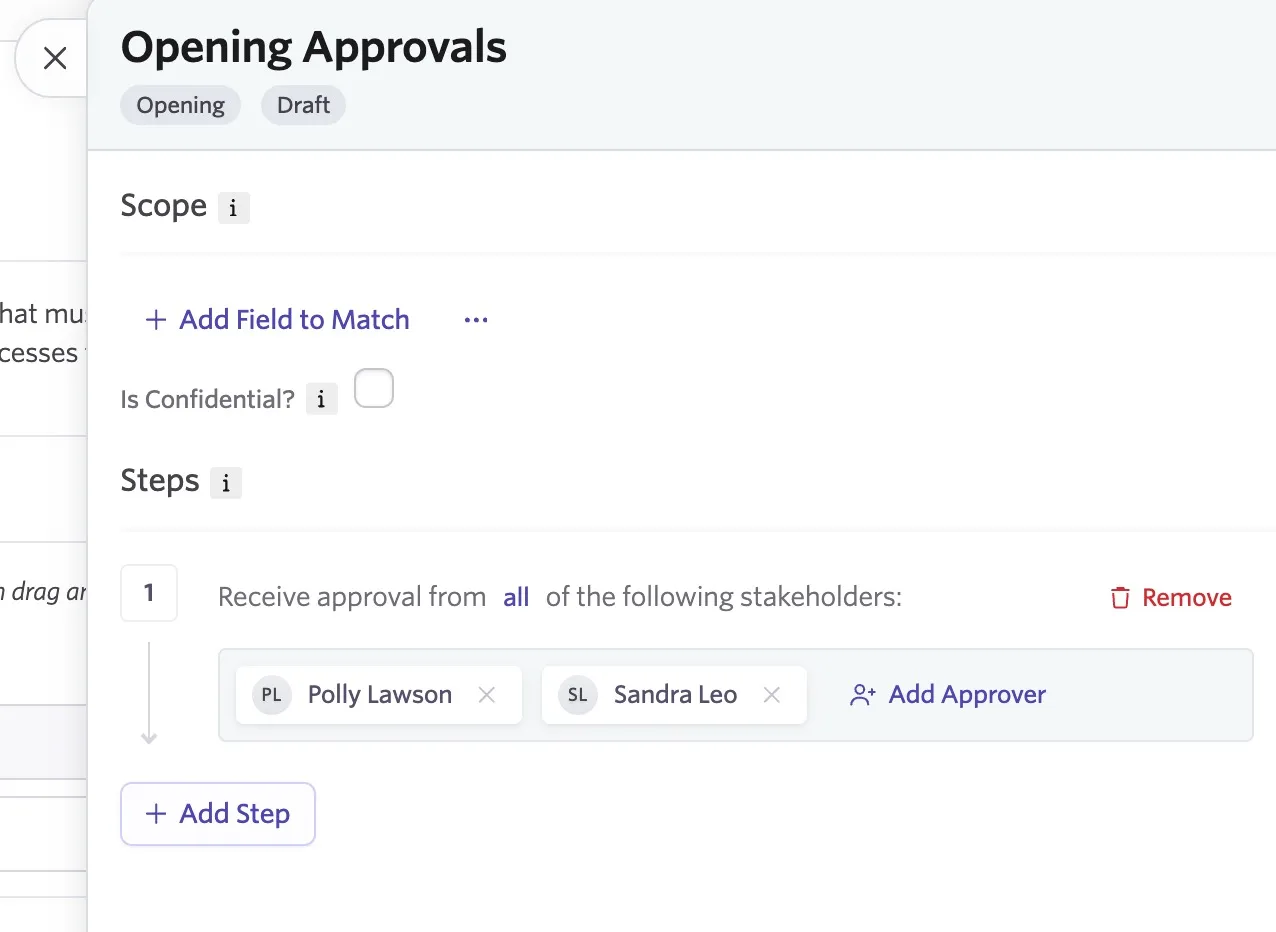 Screenshot of an approval process with no scopes. Screenshot of an approval process with no scopes.