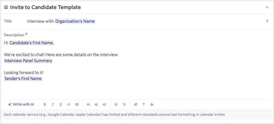 Invite to candidate template settings. Invite to candidate template settings.