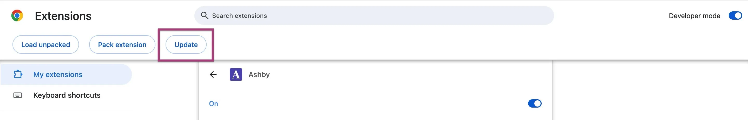 Screenshot of the Chrome Extensions page showing the Update button on the left-hand side Screenshot of the Chrome Extensions page showing the Update button on the left-hand side