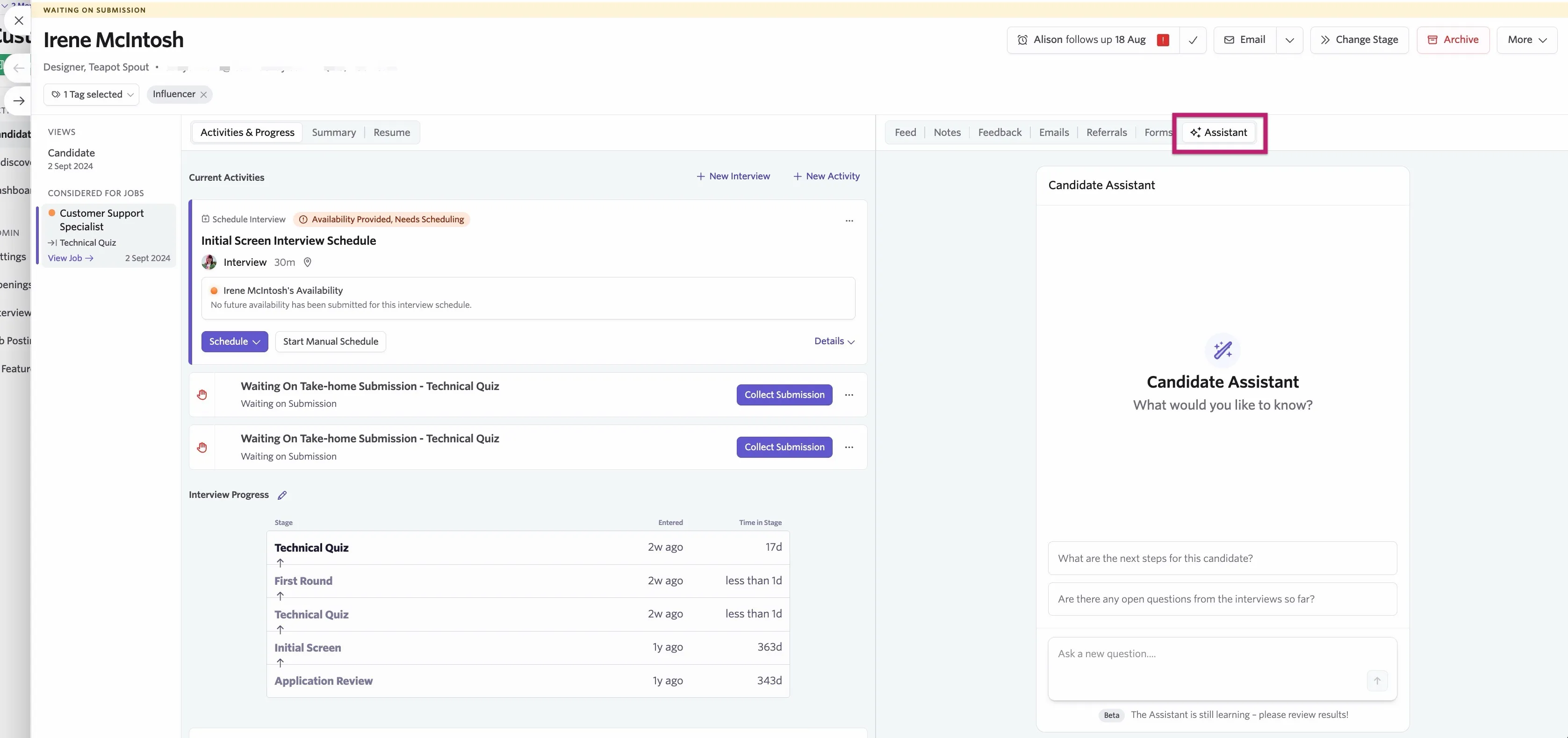 The screenshot shows an example candidate profile with the candidate assistant open.