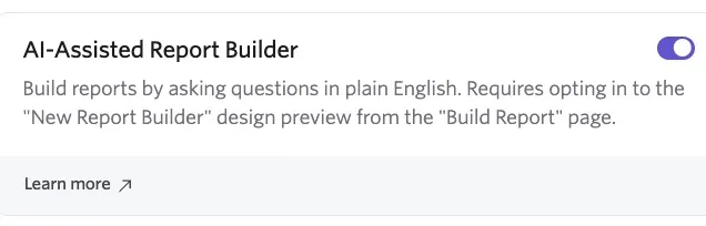 Screenshot of the Admin Opt-In Features page showing the AI-Assisted Report Builder checkbox