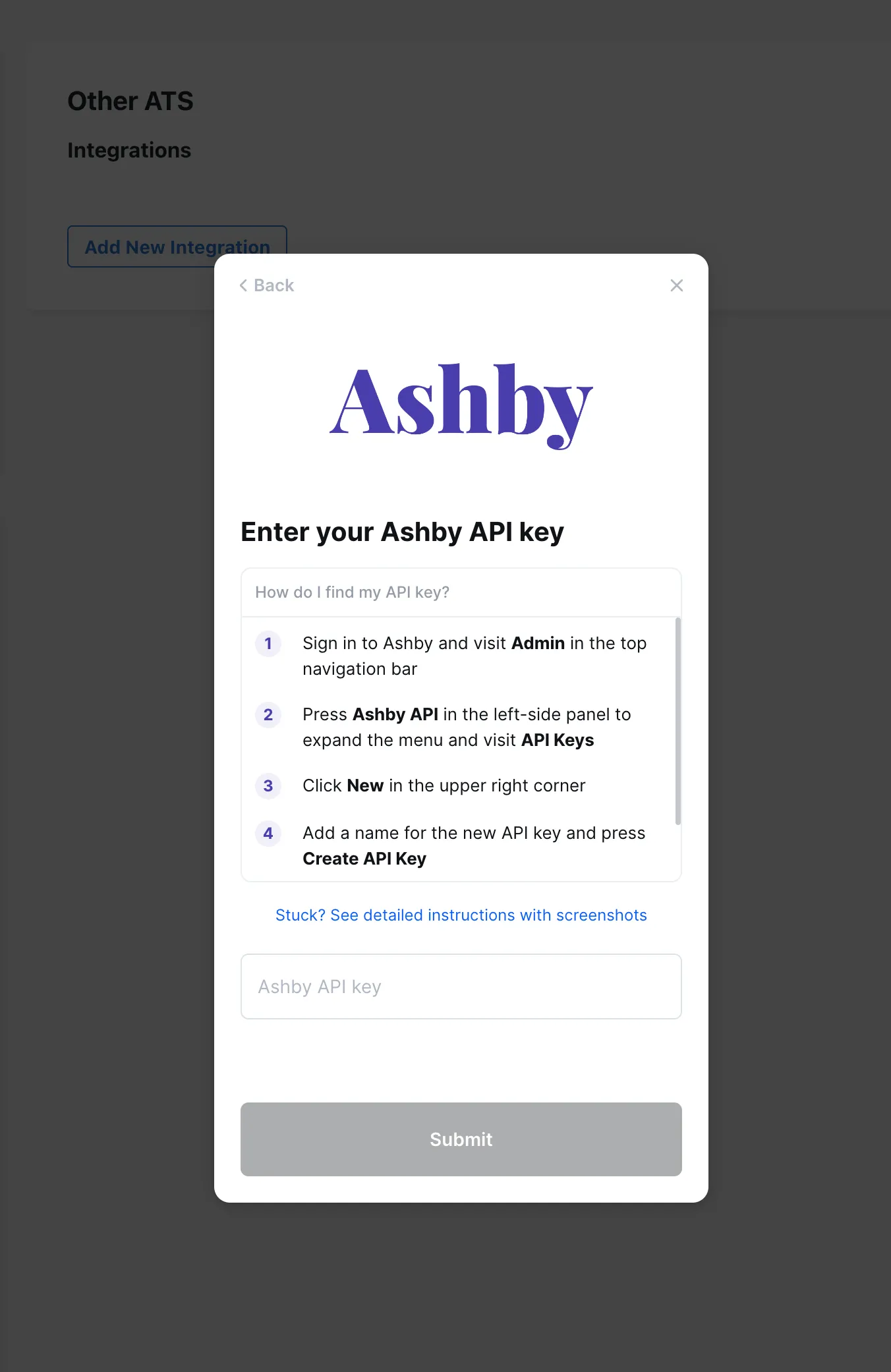 Enter your Ashby API key to configure the integration.