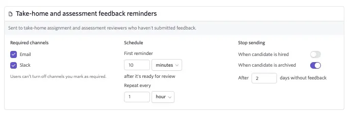 Take-home and assessment feedback reminder settings with Email and Slack required, scheduled to begin 10 minutes after an assignment is ready for review and repeat hourly, with reminders stopping when the candidate is archived or after two days without feedback.