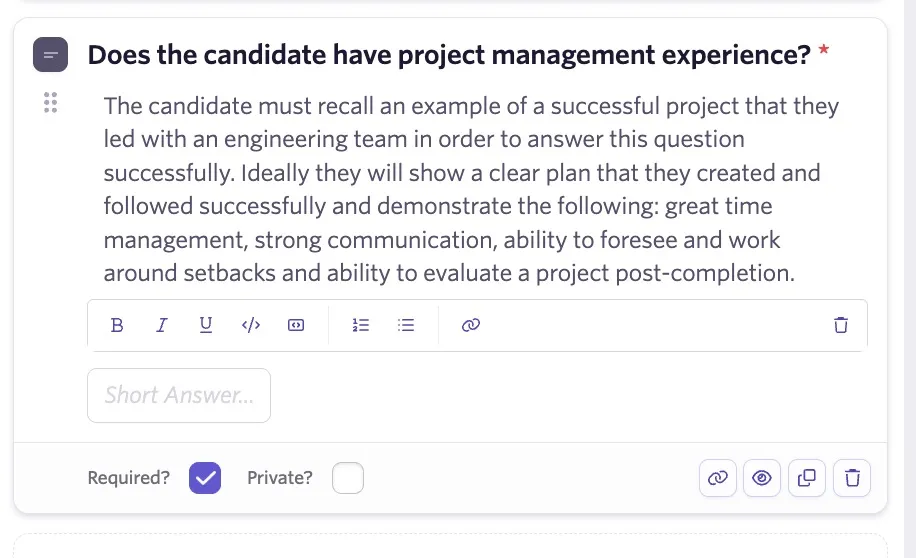 The screenshot shows an example of a feedback form question with a description. The screenshot shows an example of a feedback form question with a description.