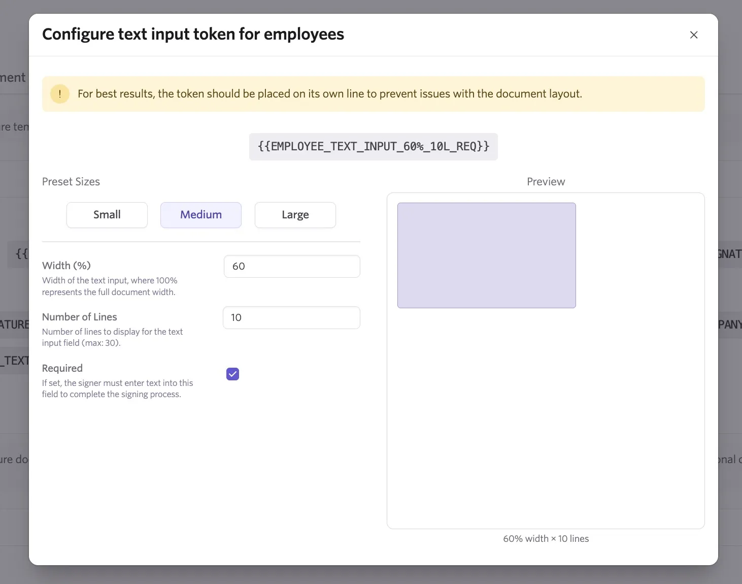 Creating a text input token for employees before clicking the token to copy it.