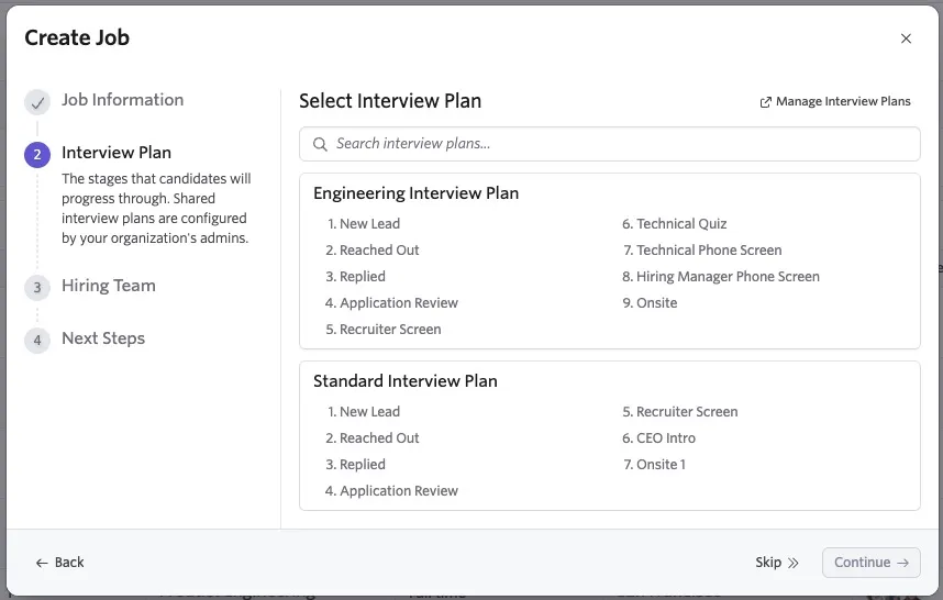 The screenshot shows the Interview Plan step of the job creation wizard with the option to select from various shared interview plans.