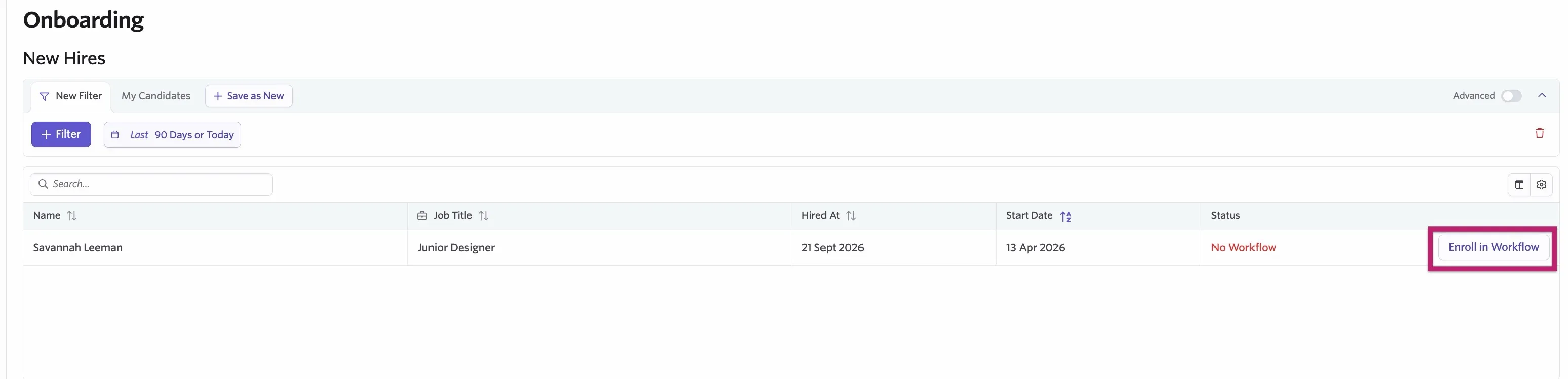 The screenshot shows the Onboarding section of Home with the Enroll in Workflow button highlighted.