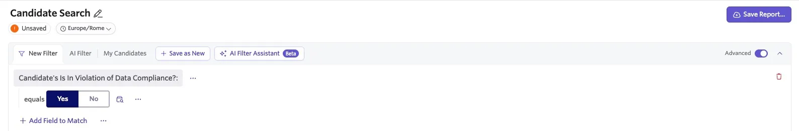 Candidate Search report with a filter set to show candidates whose “Is In Violation of Data Compliance?” field equals Yes. Candidate Search report with a filter set to show candidates whose “Is In Violation of Data Compliance?” field equals Yes.