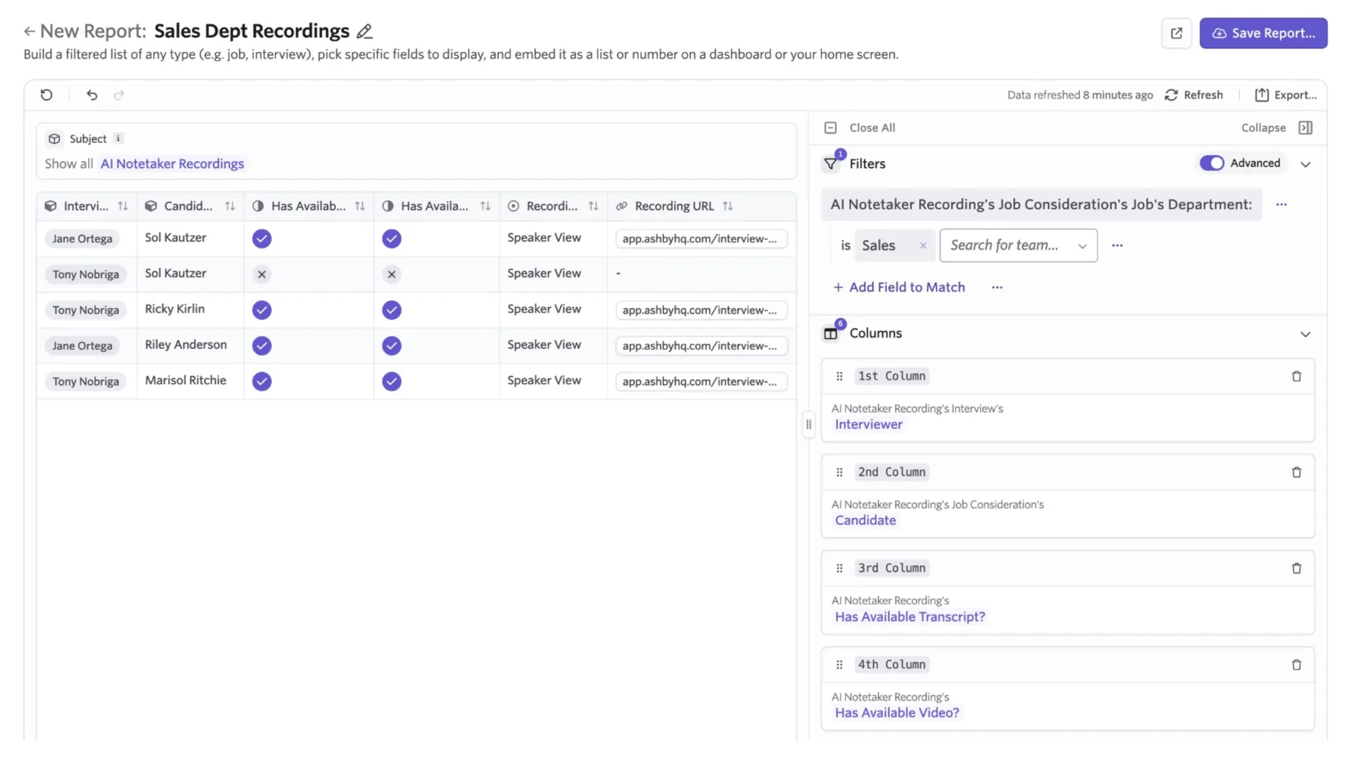 Screenshot of the AI Notetaker Recording List report configuration in Ashby. Screenshot of the AI Notetaker Recording List report configuration in Ashby.